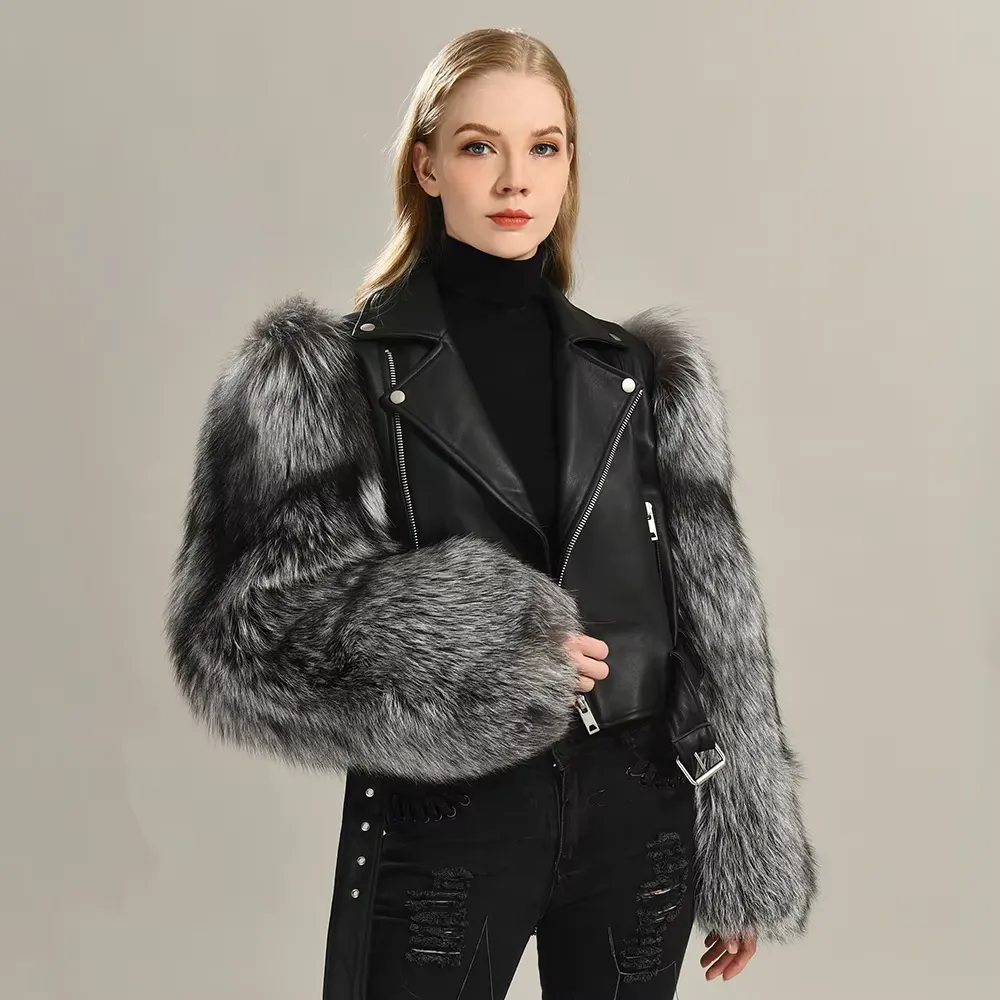 Fashion Design Hot-selling Leather Jacket Women Real Sheep Leather Custom Spring 100% Real Silver Fox Fur Leather Jac