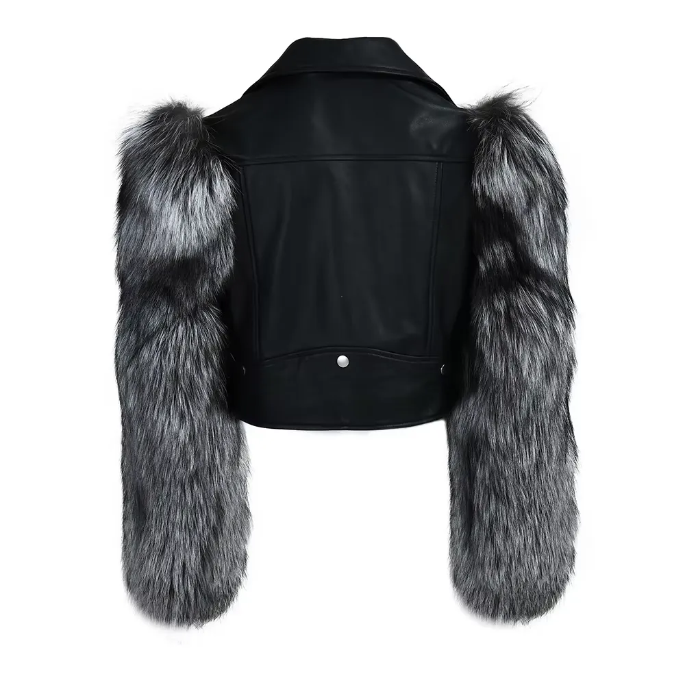 Fashion Design Hot-selling Leather Jacket Women Real Sheep Leather Custom Spring 100% Real Silver Fox Fur Leather Jac - Image 4