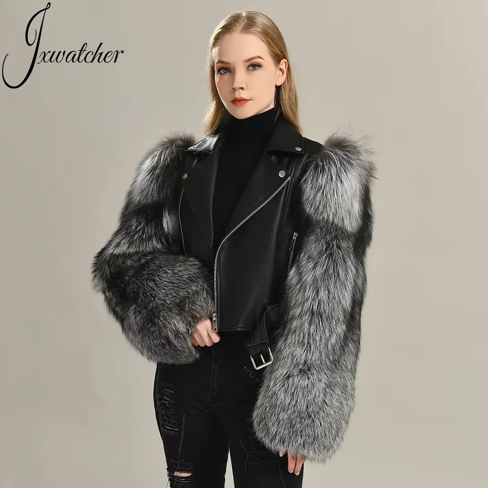 Fashion Design Hot-selling Leather Jacket Women Real Sheep Leather Custom Spring 100% Real Silver Fox Fur Leather Jac - Image 3