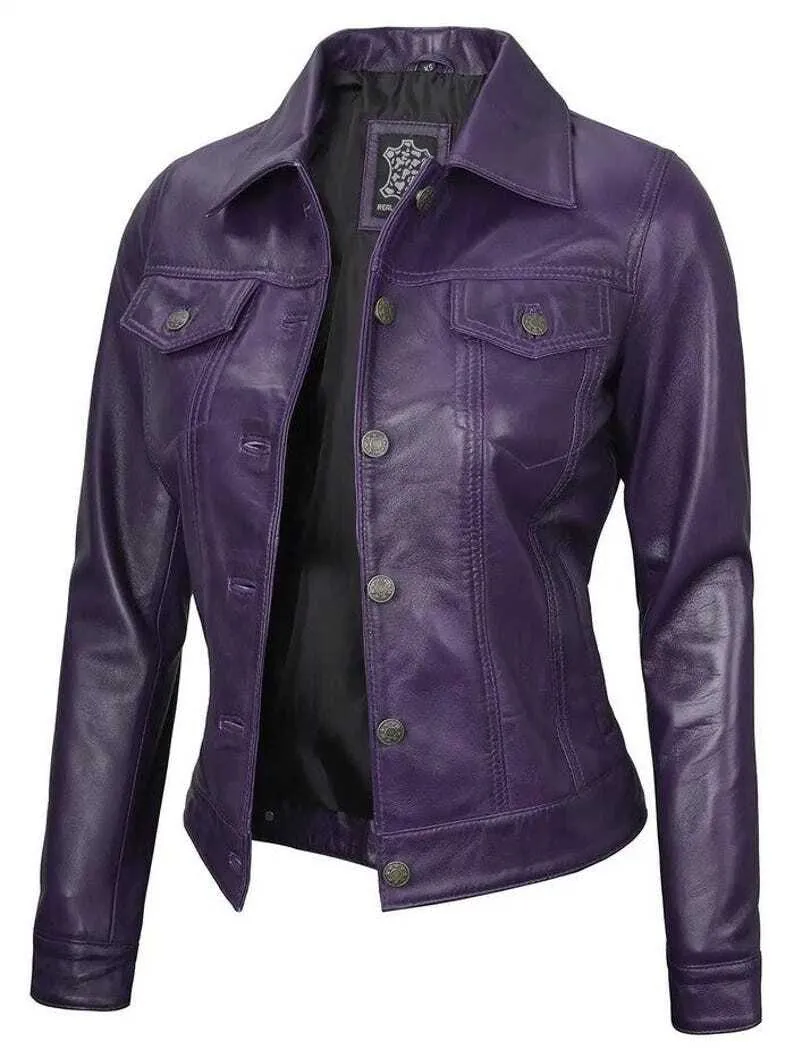 Women's Real Leather Purple Trucker Lambskin Jacket Denim Style Classic Jacket - Image 2