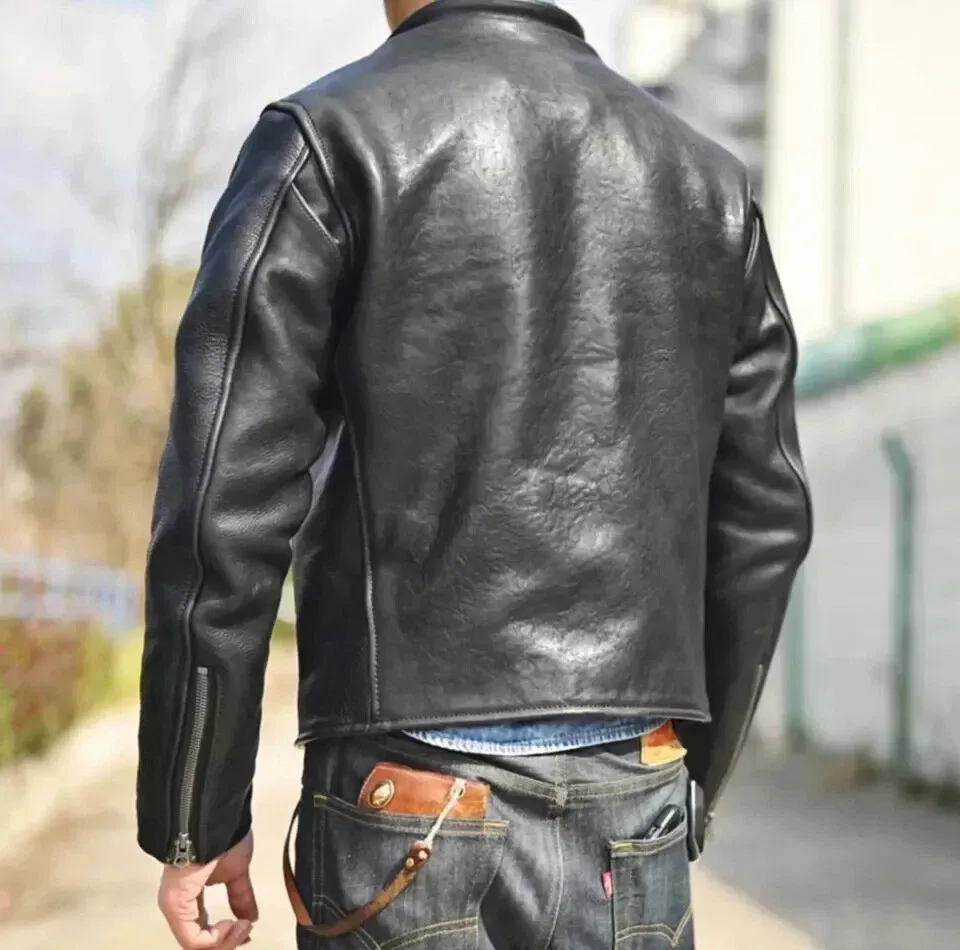 MEN'S REAL COWHIDE PREMIUM LEATHER MOTORCYCLE BIKER TOP LEATHER JACKET BLACK - Image 2