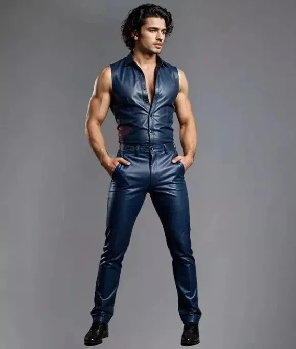 New Men's Premium Navy Blue Leather Pant| Genuine Soft Sheepskin Leather Pant - Image 3