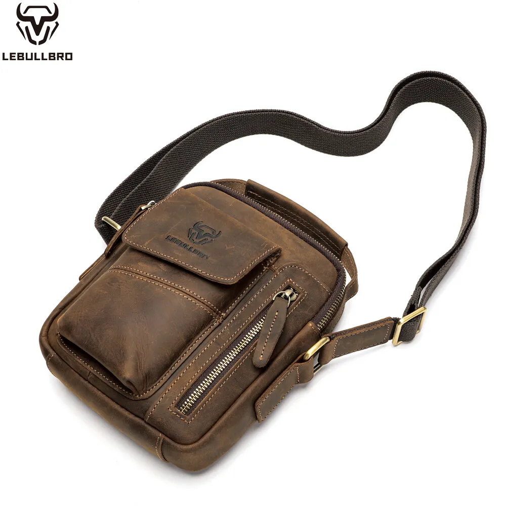 Men's Sling Shoulder Messenger Bag Crazy Horse Genuine Leather Zipper Handbag - Image 2