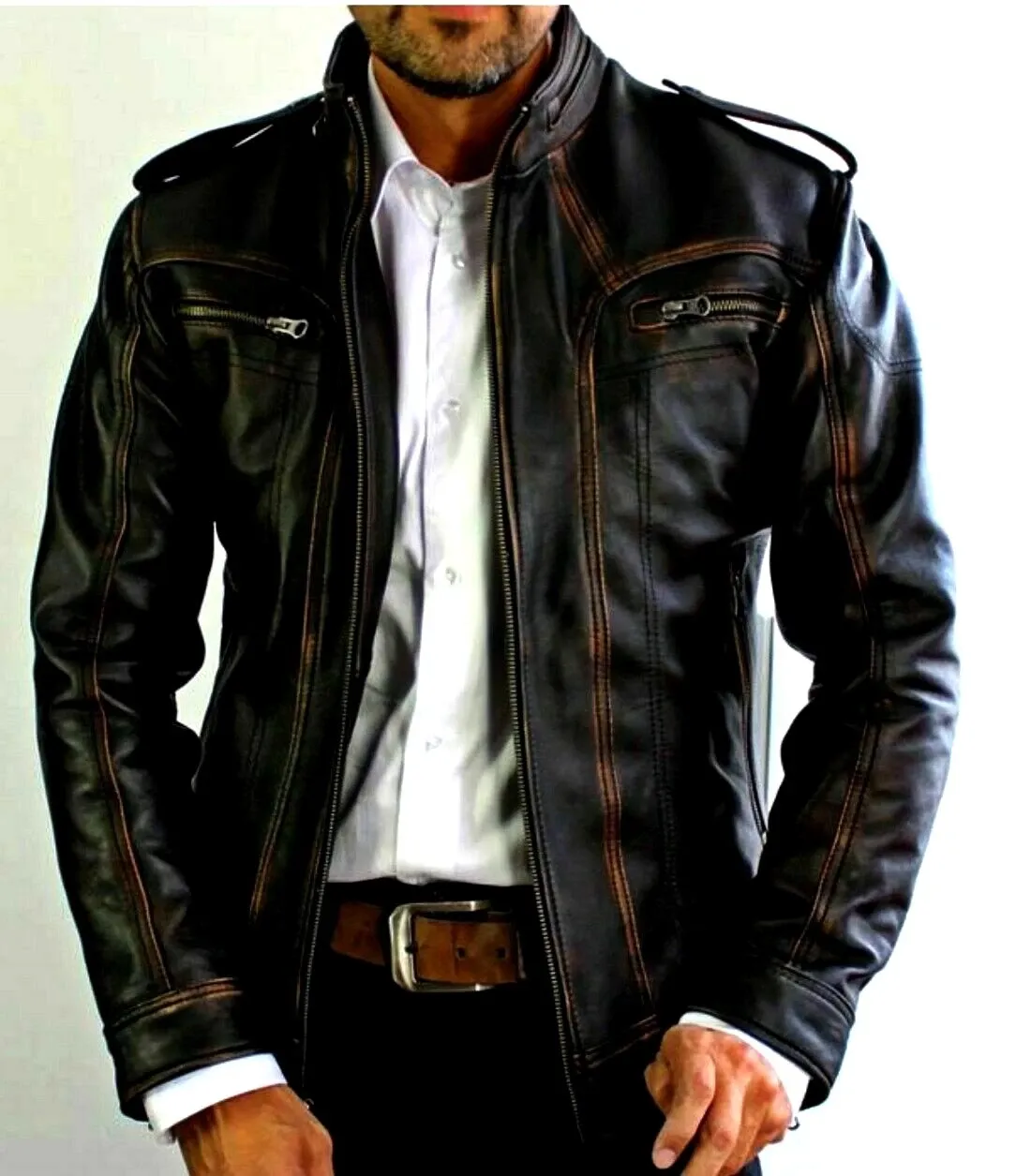 Men's Genuine Distressed Leather Jacket Cafe Racer Motorcycle Biker Black - Image 2