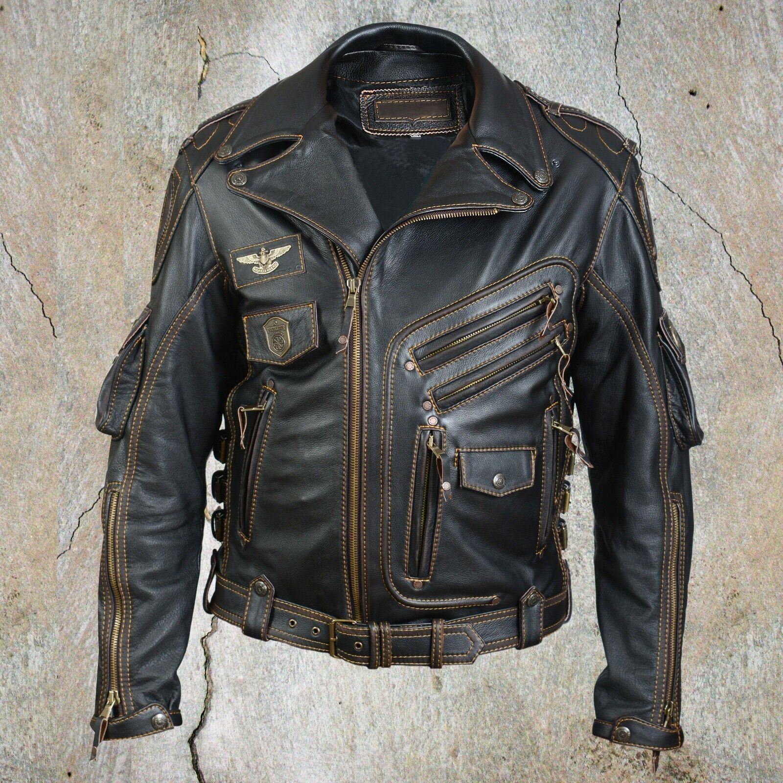 MEN'S GENUINE COWHIDE PREMIUM LEATHER MOTORCYCLE BIKER TOP LEATHER JACKET BLACK - Image 4
