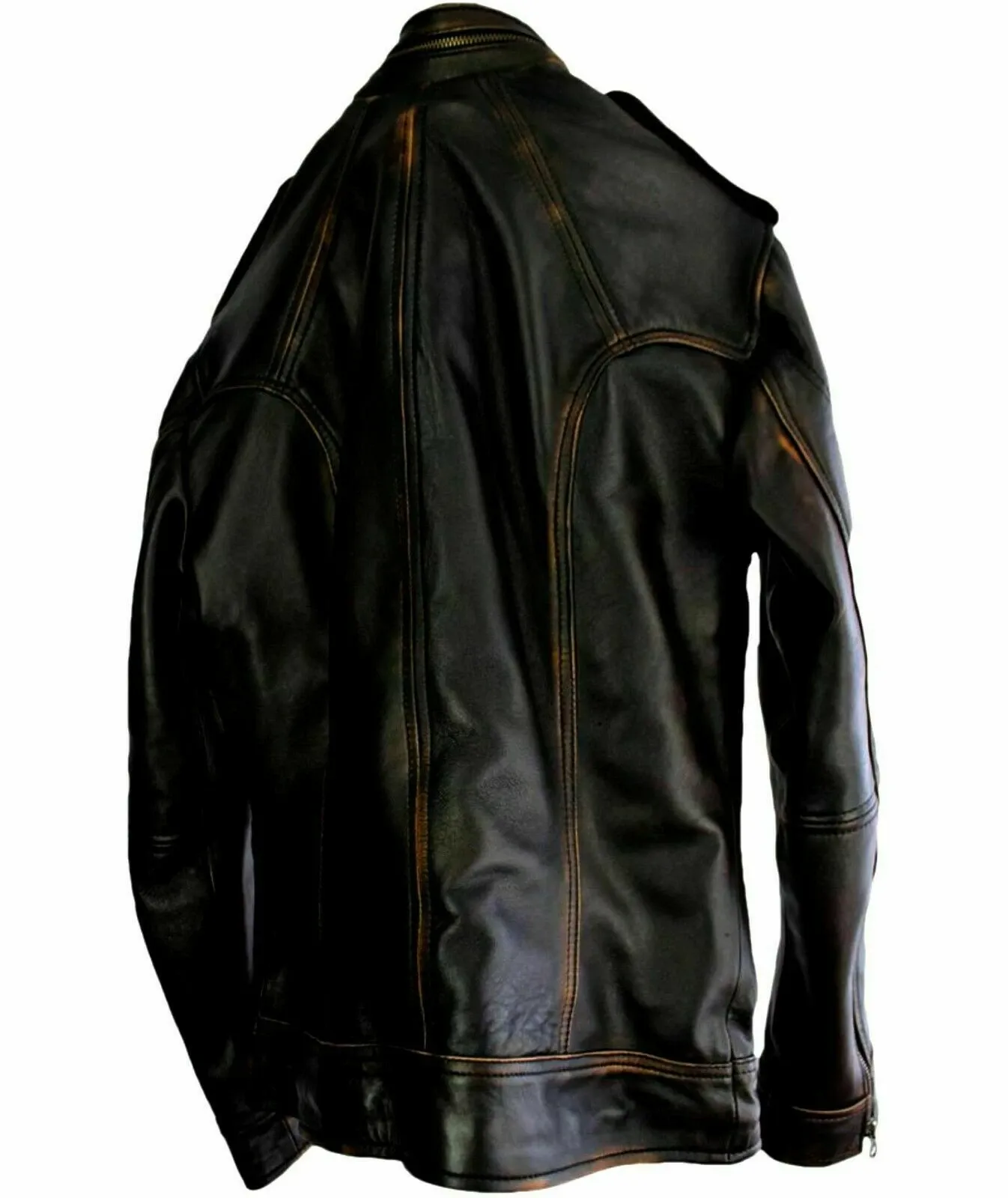 Men's Genuine Distressed Leather Jacket Cafe Racer Motorcycle Biker Black - Image 5