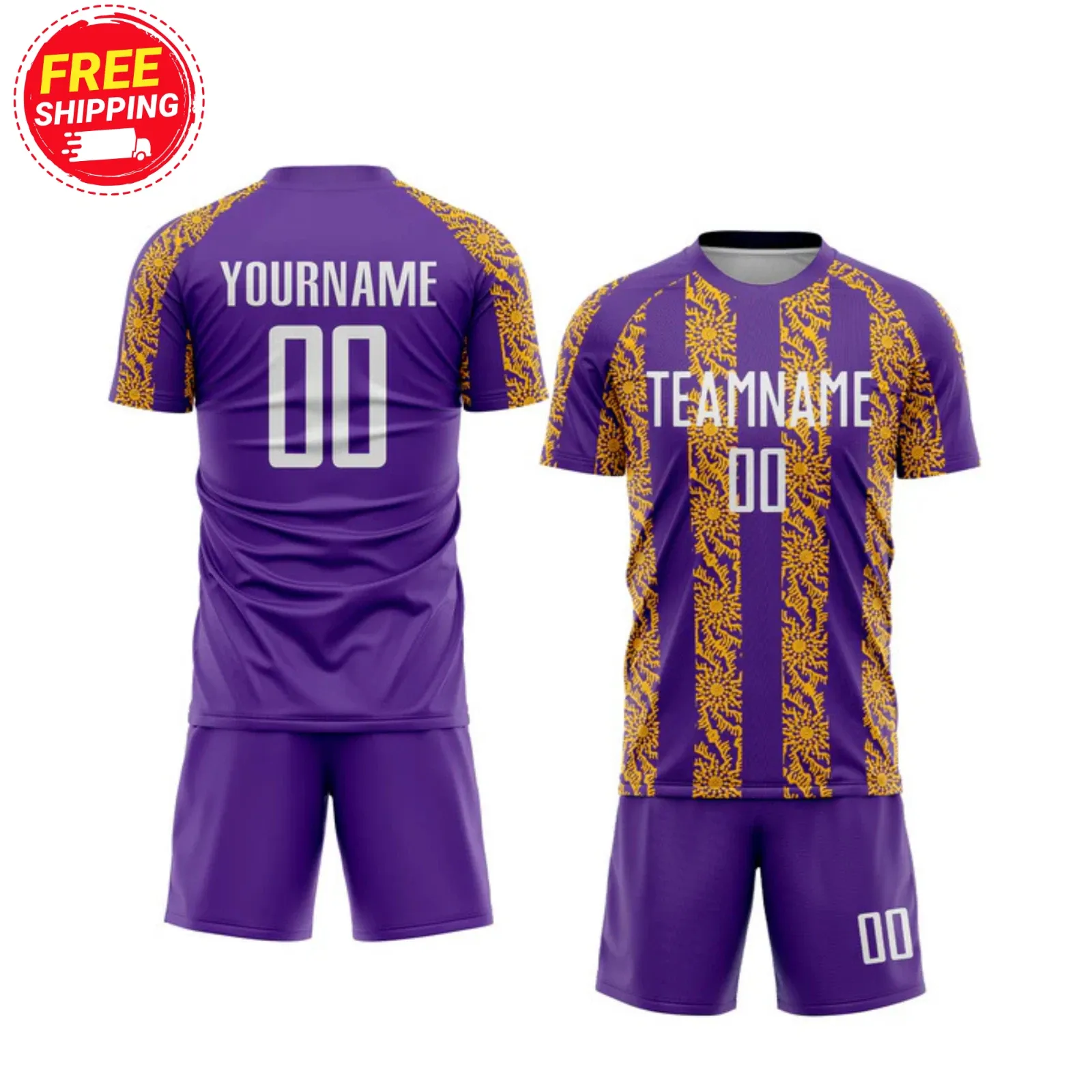 Custom set of Purple White-Gold Abstract Shape Sublimation Soccer Uniform clubs