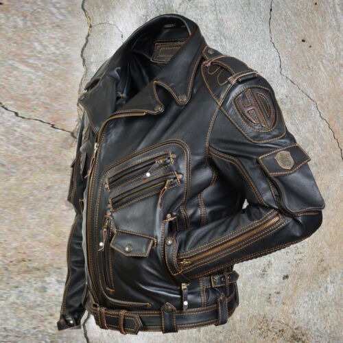 MEN'S GENUINE COWHIDE PREMIUM LEATHER MOTORCYCLE BIKER TOP LEATHER JACKET BLACK - Image 3