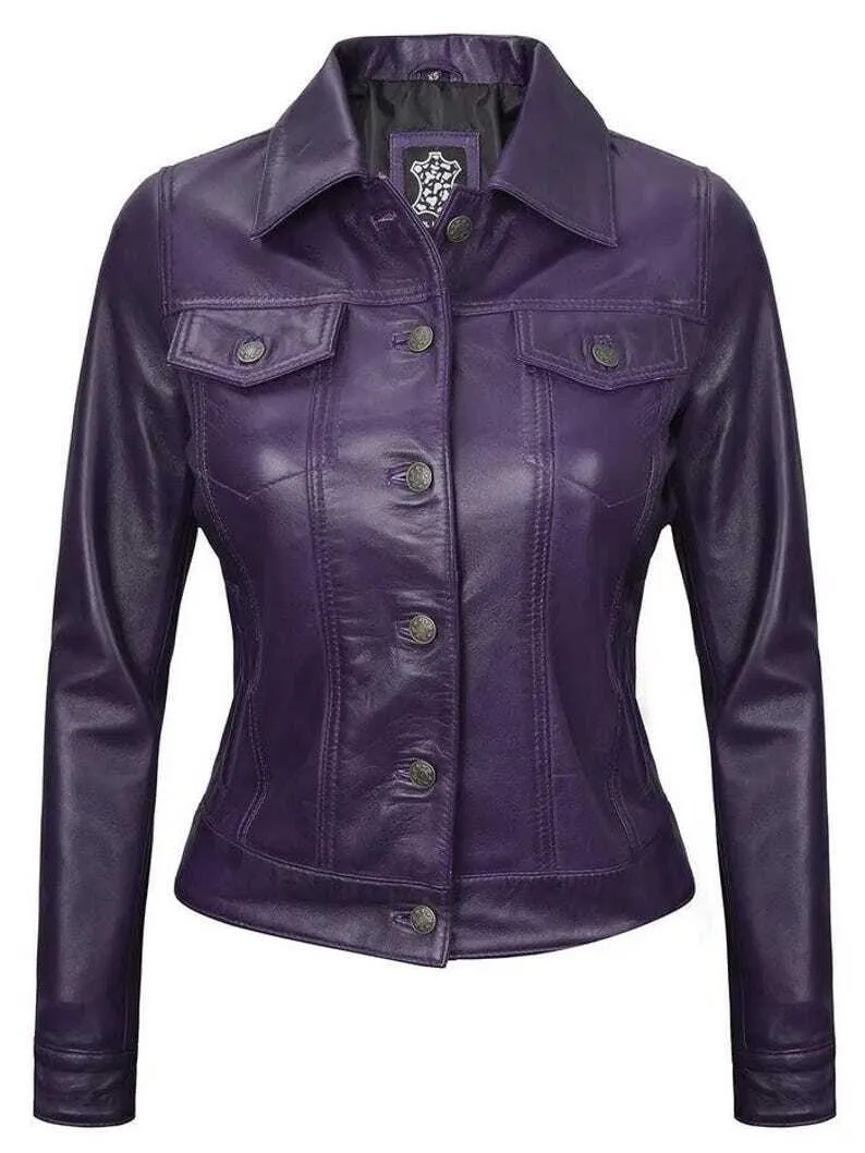 Women's Real Leather Purple Trucker Lambskin Jacket Denim Style Classic Jacket - Image 3
