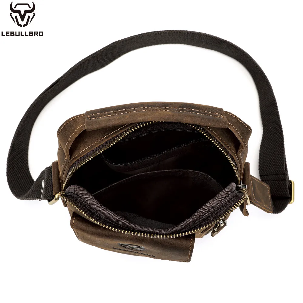 Men's Sling Shoulder Messenger Bag Crazy Horse Genuine Leather Zipper Handbag - Image 3