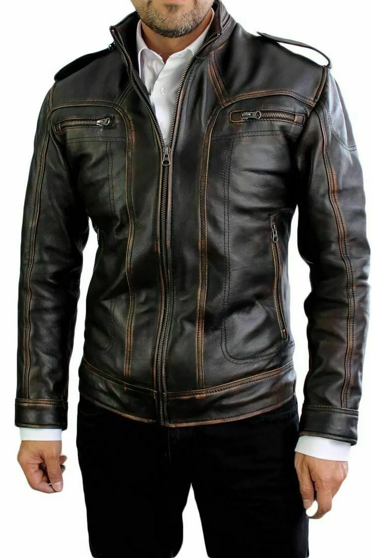 Men's Genuine Distressed Leather Jacket Cafe Racer Motorcycle Biker Black