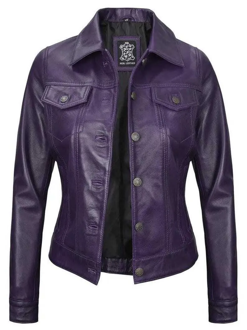 Women's Real Leather Purple Trucker Lambskin Jacket Denim Style Classic Jacket
