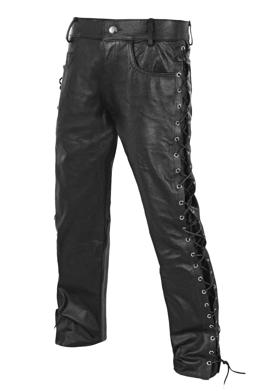 DEFY Men's Motorbike Cow Leather Jeans Style Side Laces Nightclub Pant - Image 4