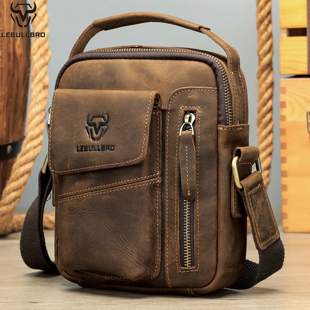 Men's Sling Shoulder Messenger Bag Crazy Horse Genuine Leather Zipper Handbag - Image 4