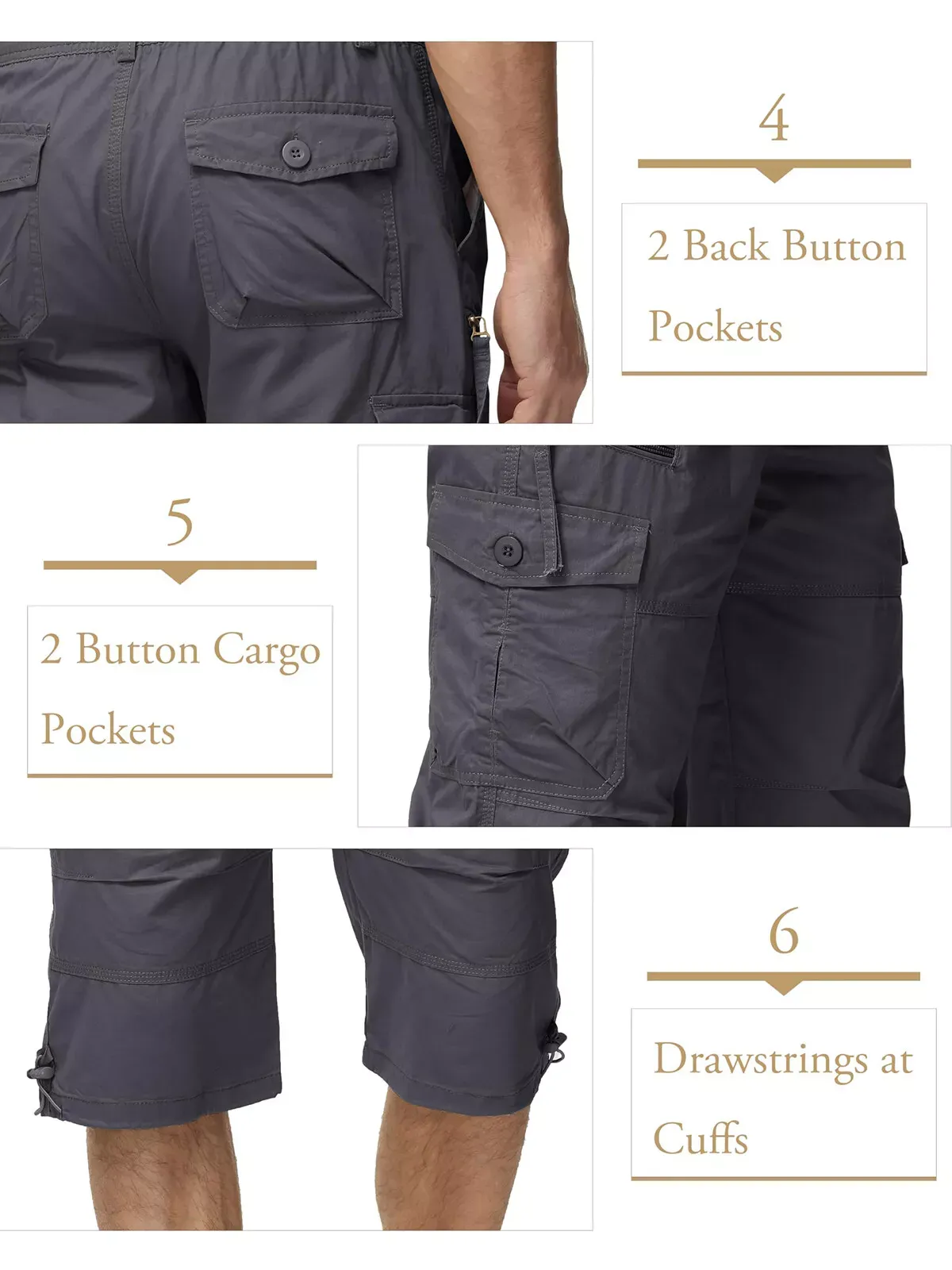 Men's Casual Cotton Cargo Shorts Outdoor Hiking 3/4 Length Below Knee Pants Man - Image 4