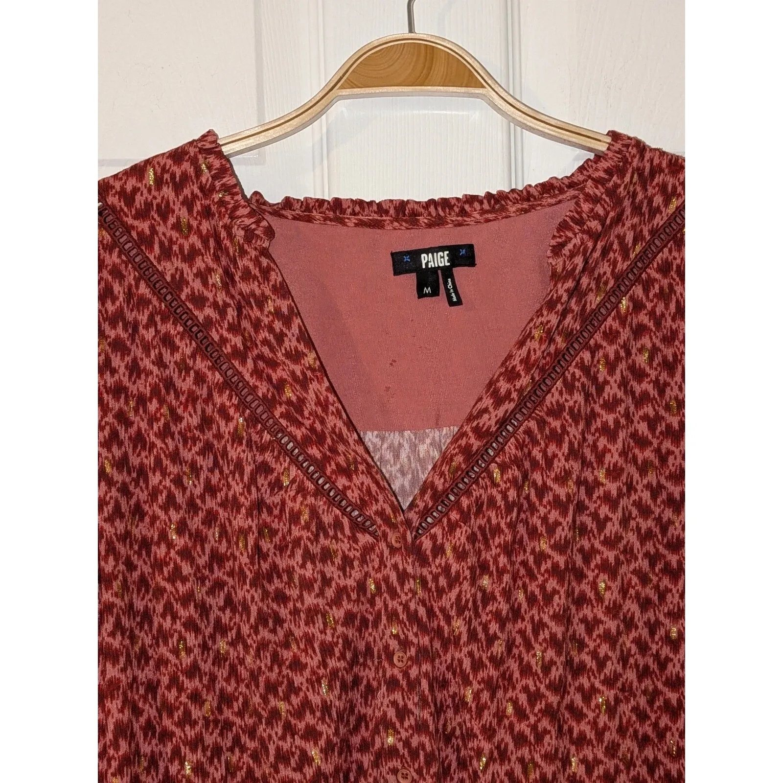 Paige Printed Blouse Doris V-Neck Long Sleeve Casual Top Red Shimmer - Image 5