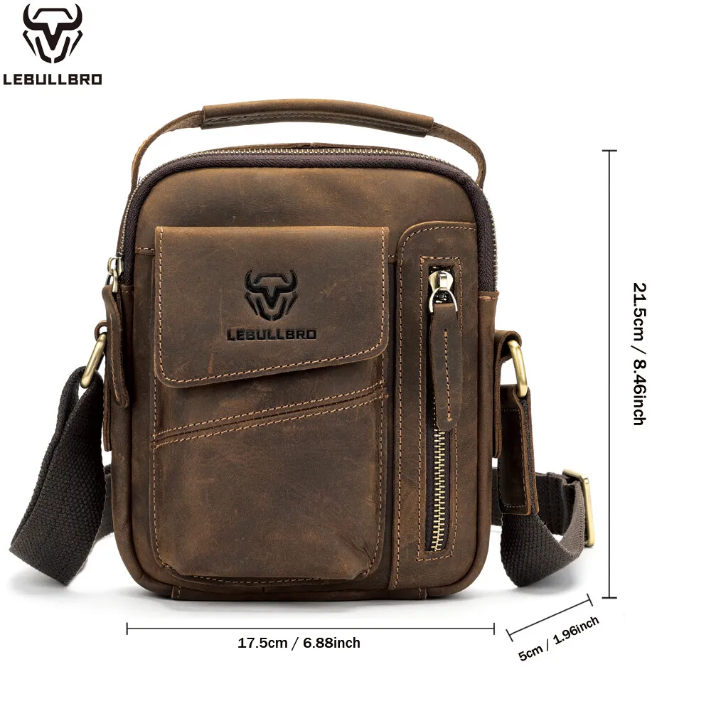 Men's Sling Shoulder Messenger Bag Crazy Horse Genuine Leather Zipper Handbag - Image 5