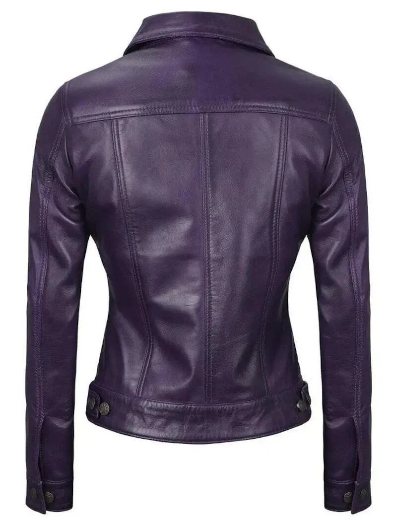 Women's Real Leather Purple Trucker Lambskin Jacket Denim Style Classic Jacket - Image 5