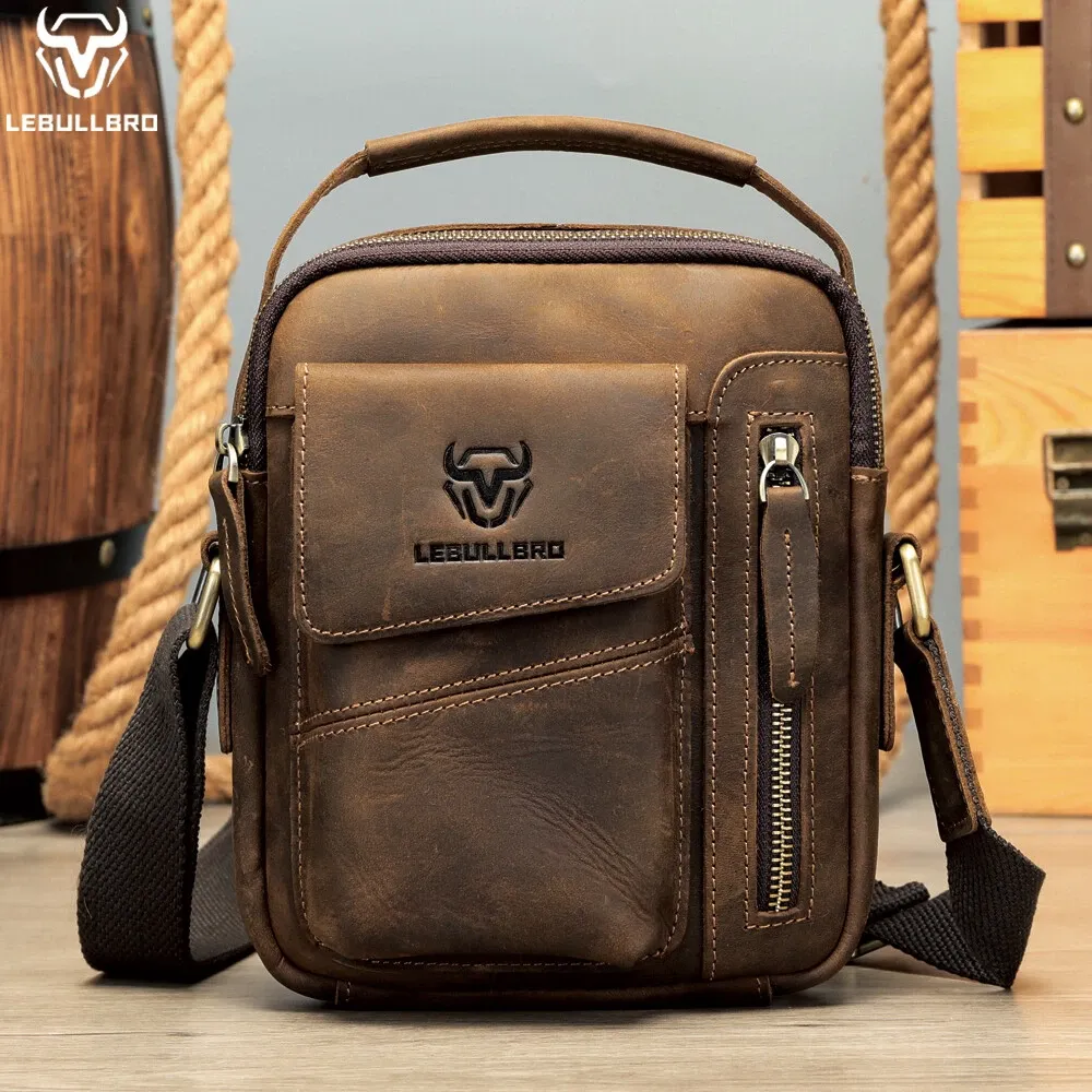 Men's Sling Shoulder Messenger Bag Crazy Horse Genuine Leather Zipper Handbag