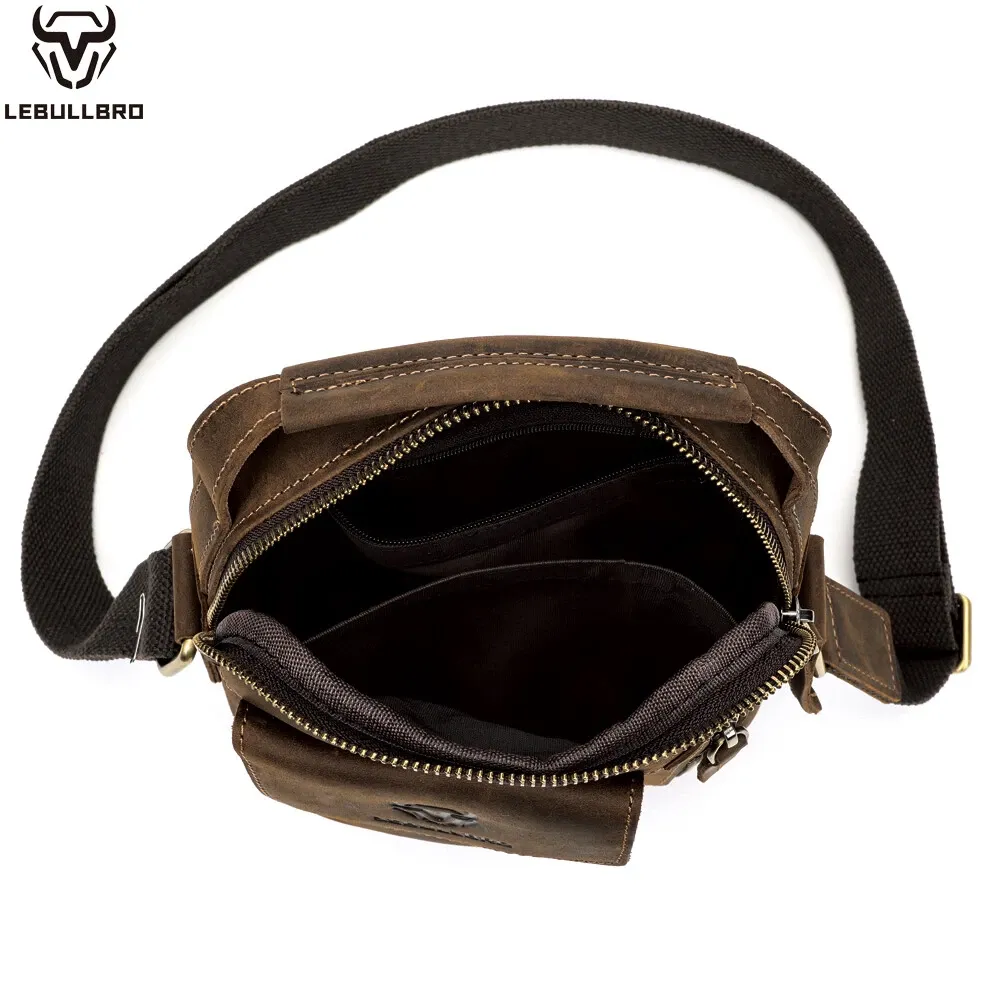 Men's Sling Shoulder Messenger Bag Crazy Horse Genuine Leather Zipper Handbag - Image 6