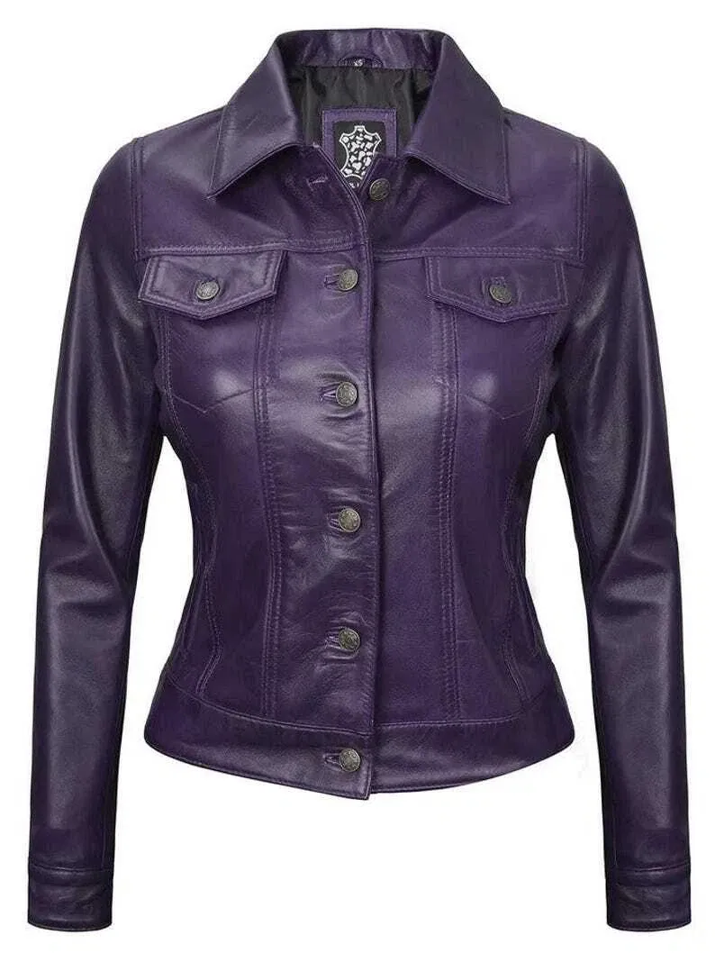 Women's Real Leather Purple Trucker Lambskin Jacket Denim Style Classic Jacket - Image 6