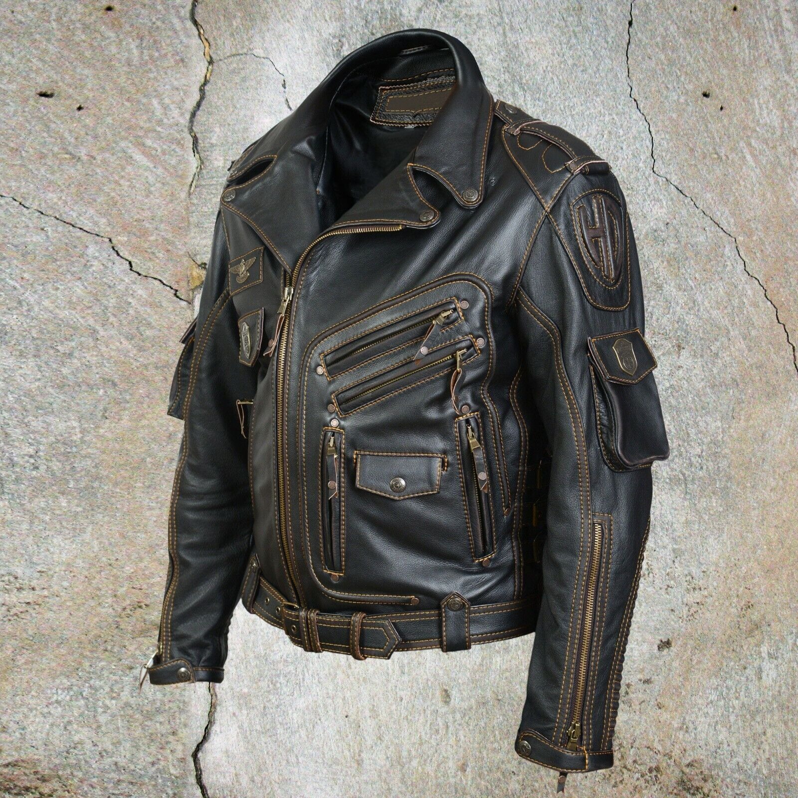 MEN'S GENUINE COWHIDE PREMIUM LEATHER MOTORCYCLE BIKER TOP LEATHER JACKET BLACK - Image 2