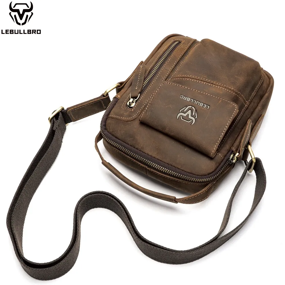 Men's Sling Shoulder Messenger Bag Crazy Horse Genuine Leather Zipper Handbag - Image 7