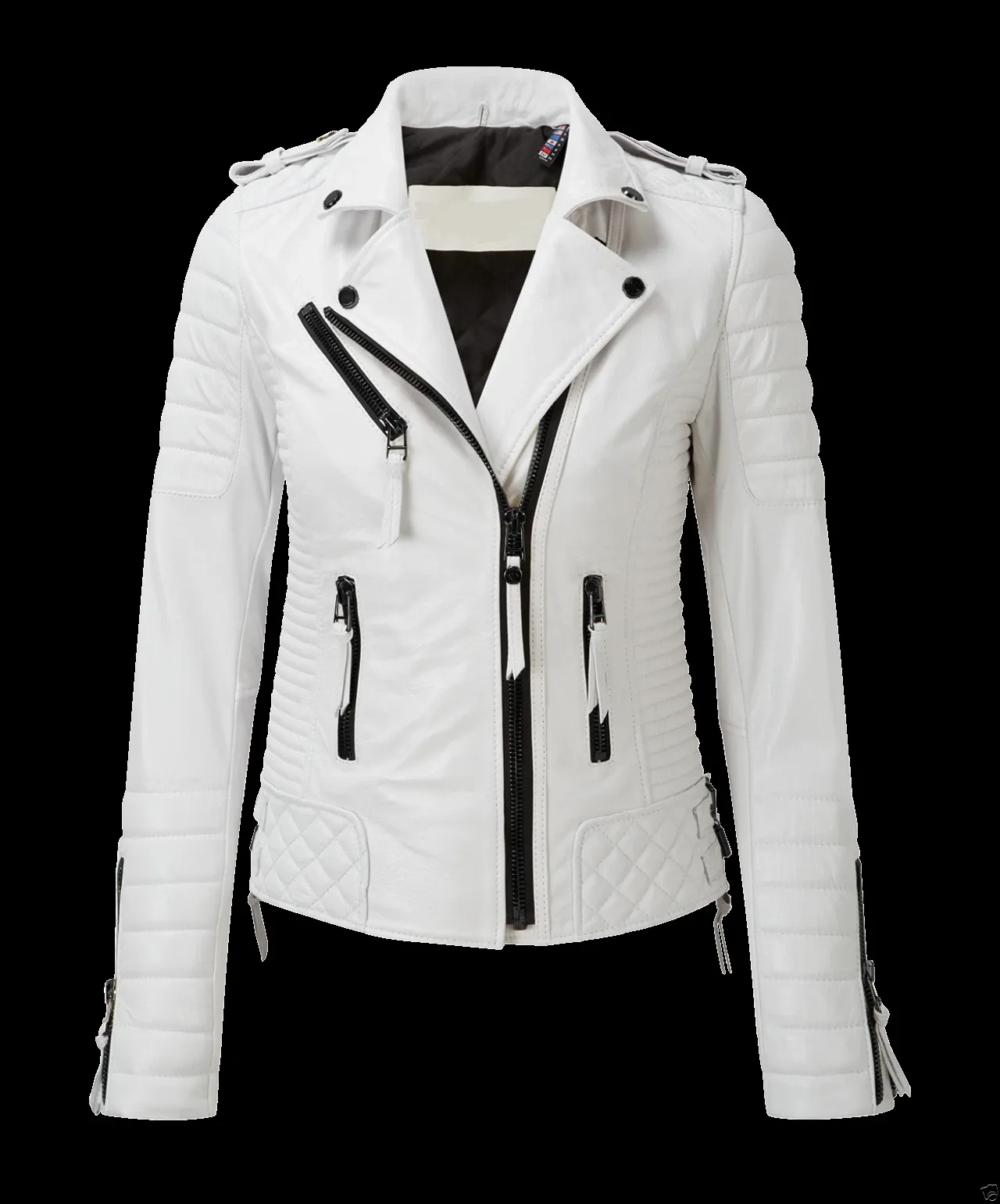 Women’s Motorcycle Biker Real Leather White Jacket Lambskin Leather Quilted Coat - Image 2