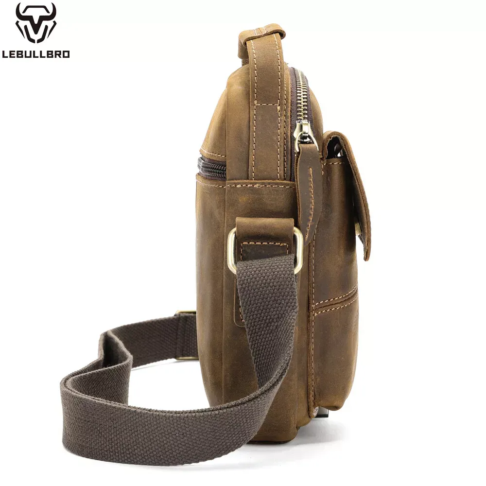 Men's Sling Shoulder Messenger Bag Crazy Horse Genuine Leather Zipper Handbag - Image 8