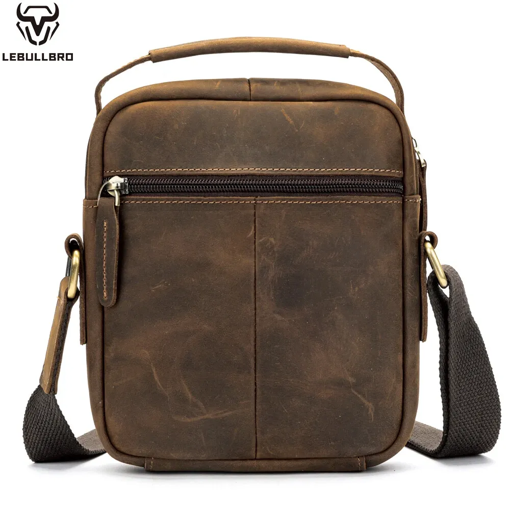 Men's Sling Shoulder Messenger Bag Crazy Horse Genuine Leather Zipper Handbag - Image 9