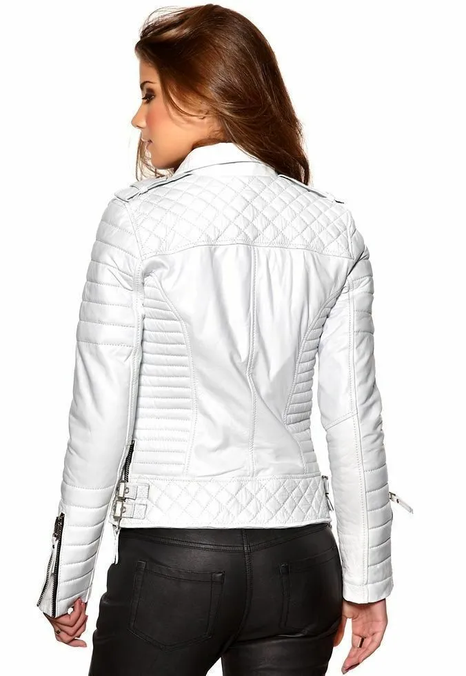 Women’s Motorcycle Biker Real Leather White Jacket Lambskin Leather Quilted Coat - Image 5