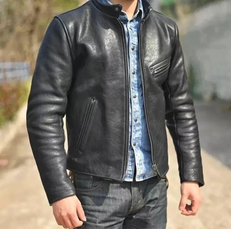 MEN'S REAL COWHIDE PREMIUM LEATHER MOTORCYCLE BIKER TOP LEATHER JACKET BLACK