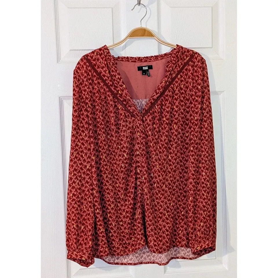 Paige Printed Blouse Doris V-Neck Long Sleeve Casual Top Red Shimmer - Image 2